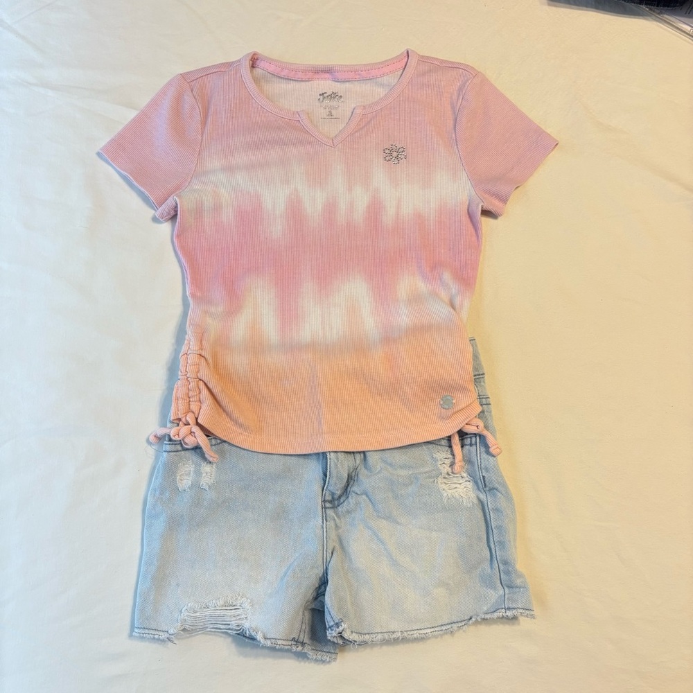 Justice Pink & Peach Tie-Dye Short Sleeve Tee and Justice denim shorts